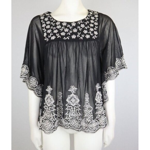 INC INTERNATIONAL CONCEPTS - WOMEN'S SHEER BLACK EMBROIDERED PEASANT TOP - XS - Picture 3 of 9
